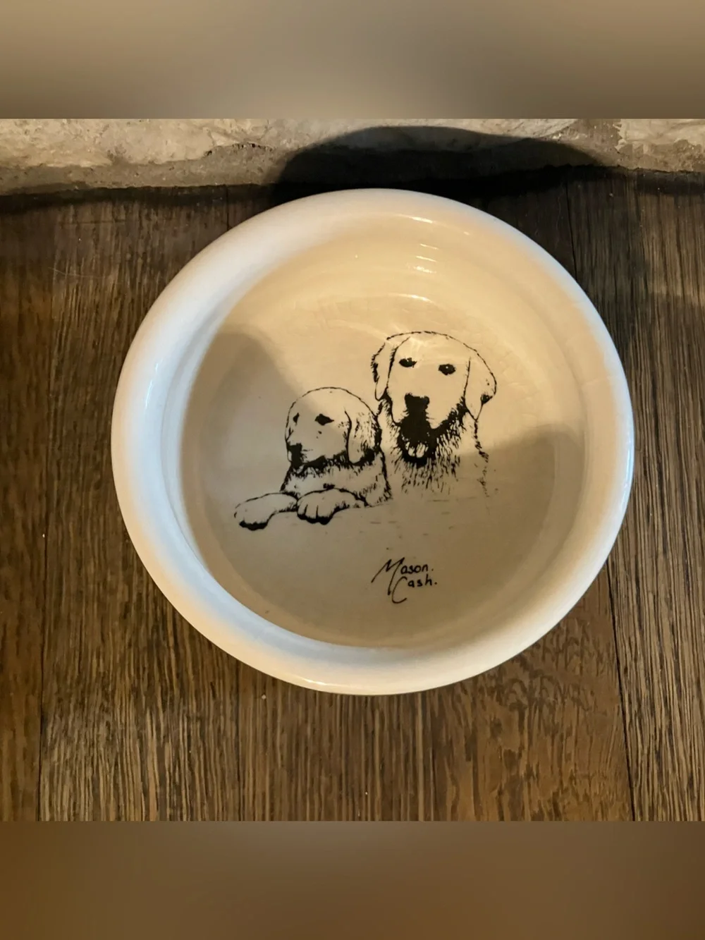 Mason Cash ceramic dog bowl featuring a Labrador retriever- Rare dark green